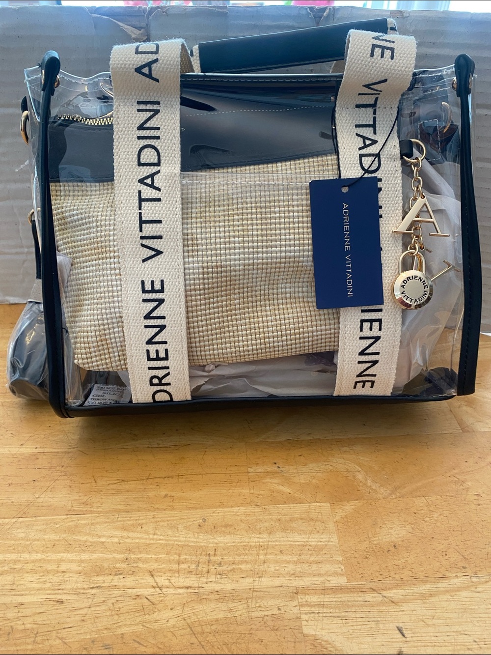 Adrienne Vittadini 2 bag set Clear cross body w handles & Beige Woven clutch NWT - Picture 7 of 11